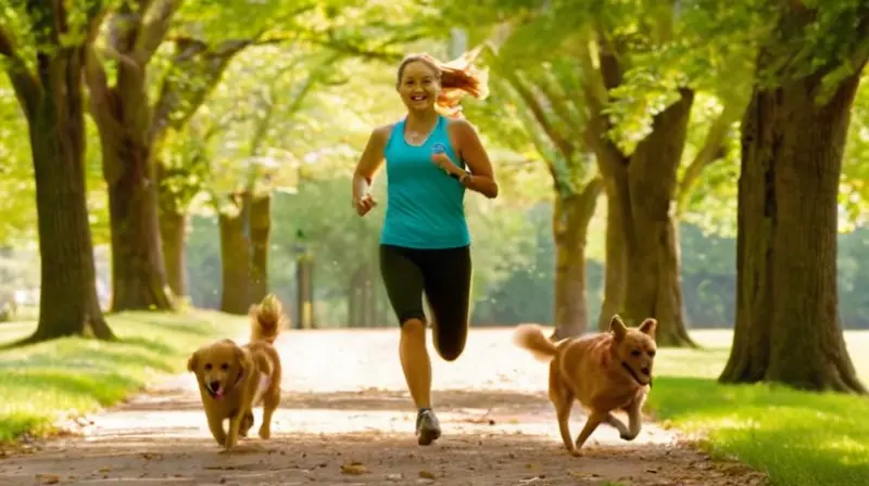 Corredor y perro disfrutan un parque soleado