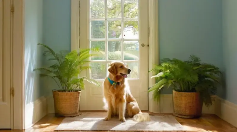 Sala soleada con perro y dueño felices