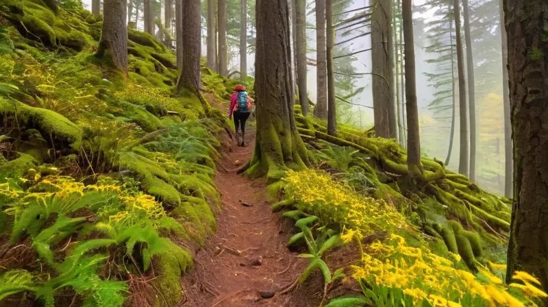 Sendero forestal vibrante y sereno con flores