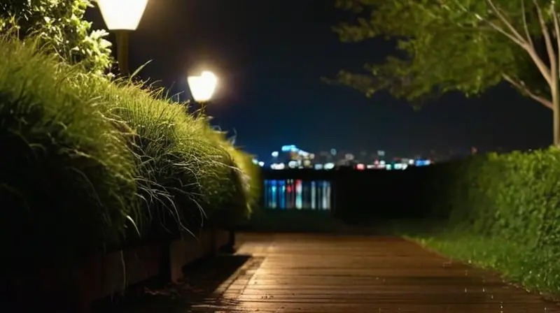 Corredor recuperándose en un parque nocturno