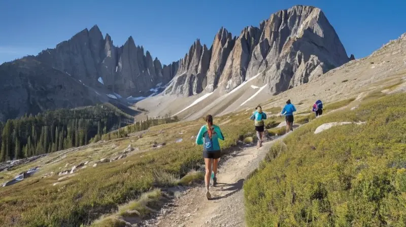 Corredores en montaña con paisaje vibrante