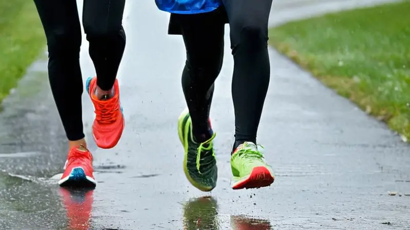 Corredores vibrantes en un parque lluvioso