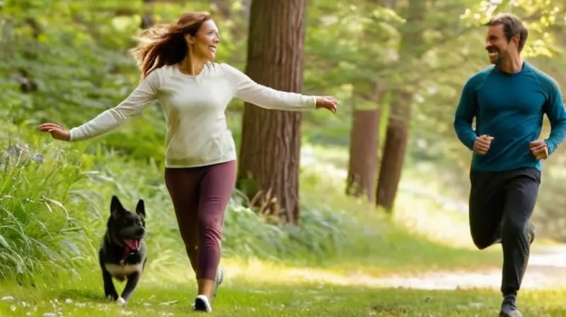 Pareja feliz corre en un parque soleado