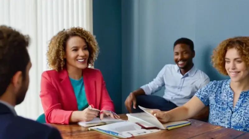 Sala iluminada con personas colaborando entusiastamente