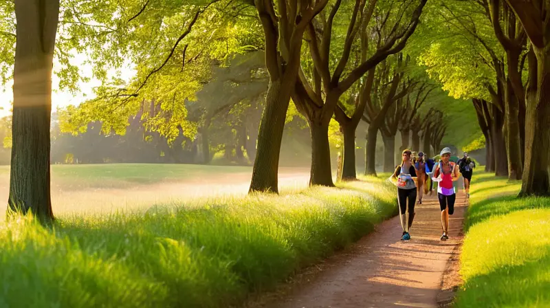 Parque soleado con corredores y risas infantiles