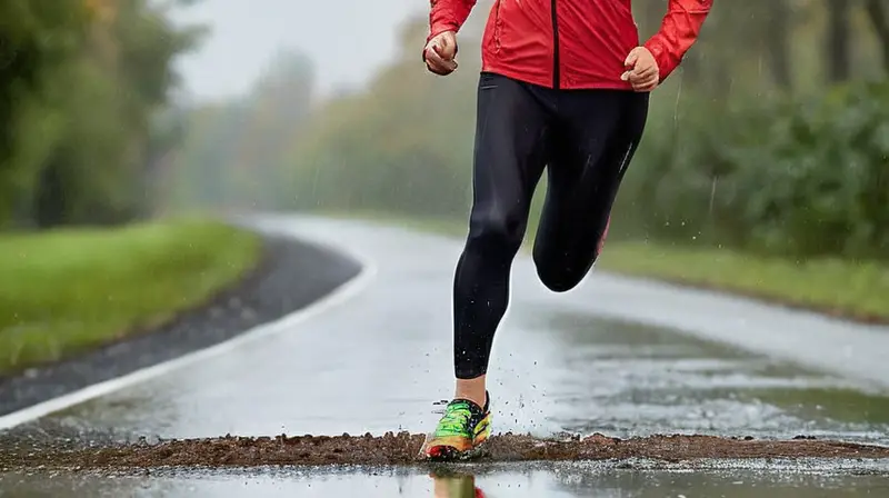 Corredor en rojo avanza bajo la lluvia