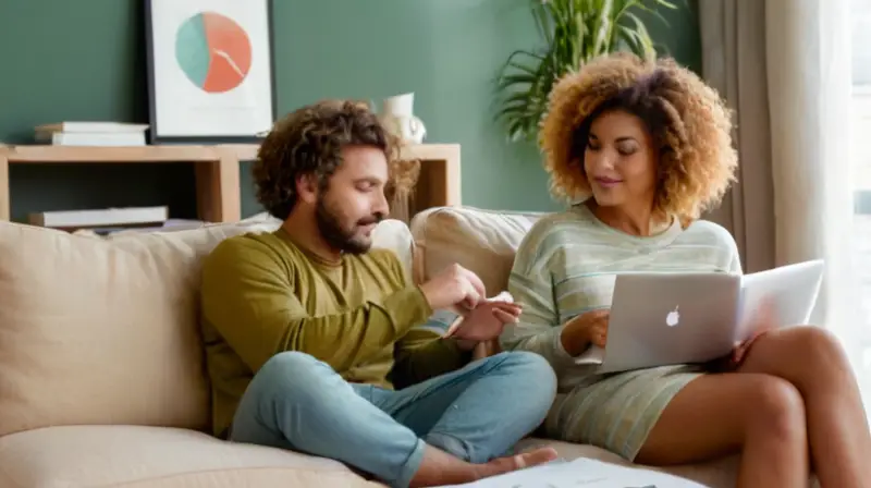 Pareja colaborando en un acogedor salón