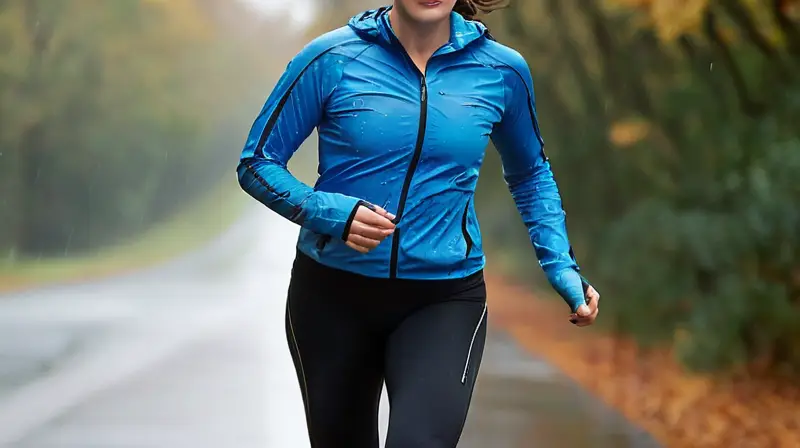 Corredor con chaqueta azul bajo la lluvia