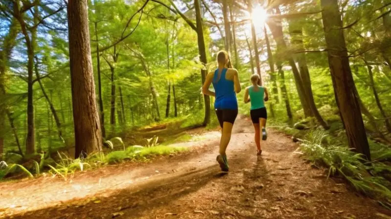Amigos corriendo en un bosque soleado