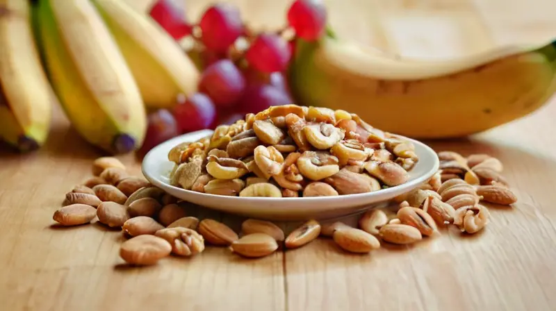 Mesa de madera con snacks vibrantes y agua
