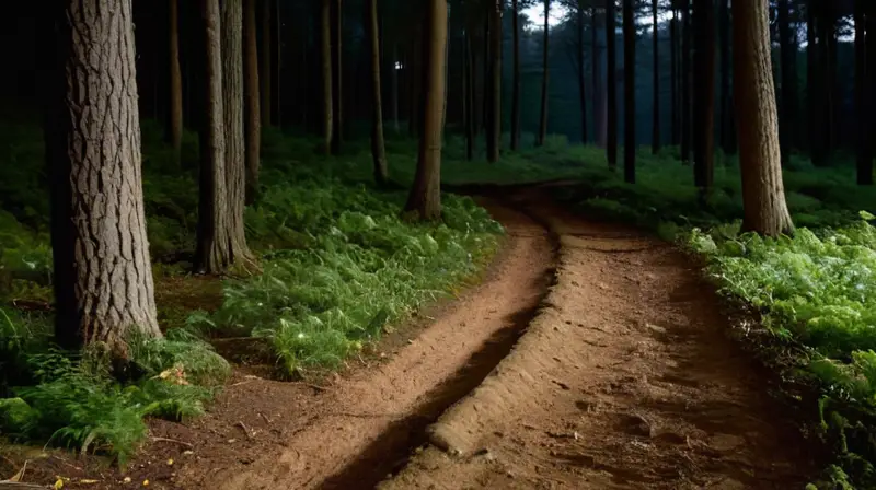 Corredor avanza por sendero forestal iluminado