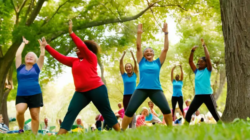 Grupo diverso se ejercita y ríe al aire libre