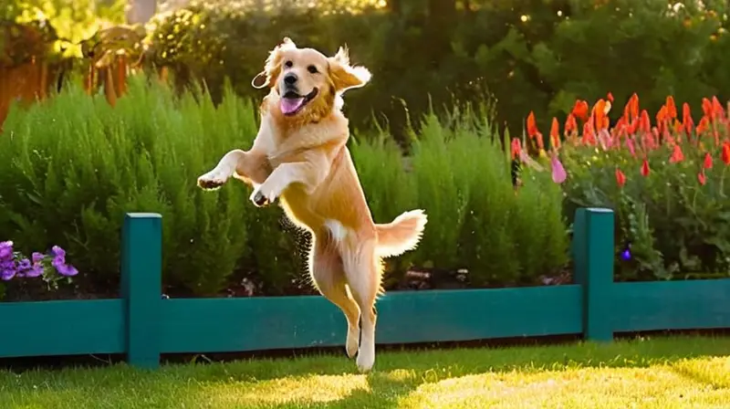 Jardín soleado con un perro feliz jugando