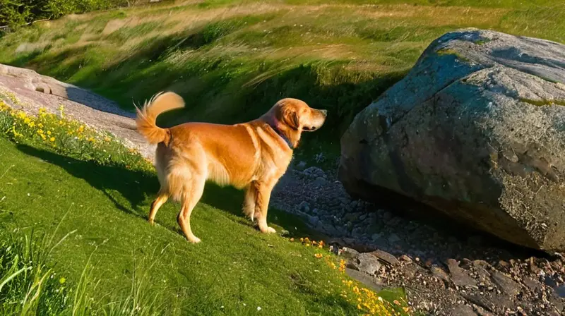 Perro dorado en paisaje vibrante y soleado