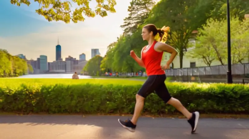Parque urbano soleado con corredores en movimiento