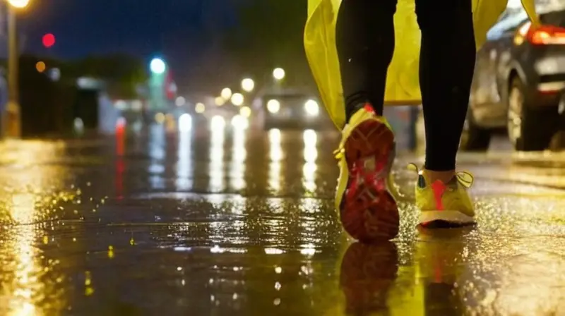 Corredor en la lluvia, ciudad vibrante y fresca