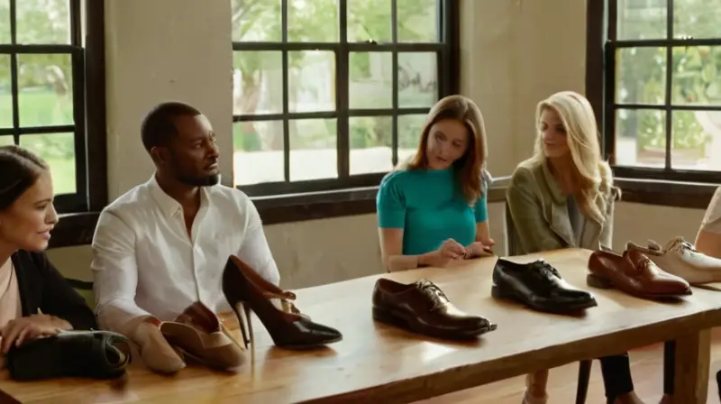 Grupo diverso discute zapatos en sala iluminada