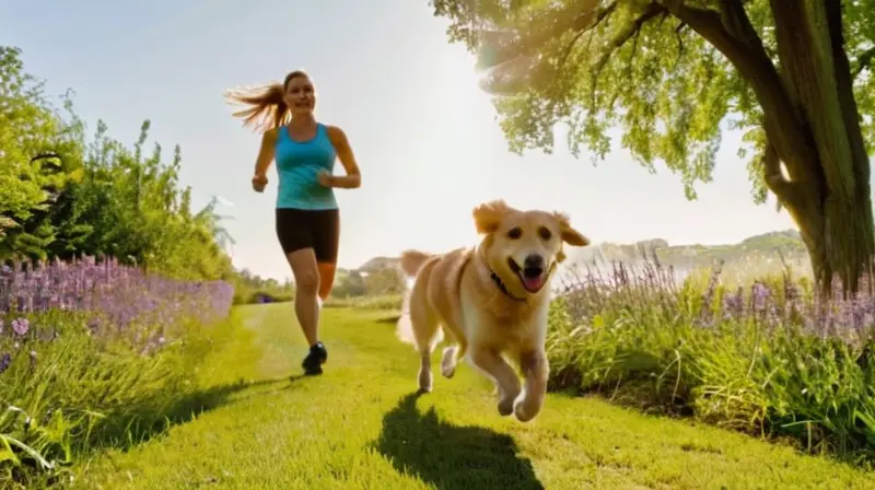 Parque soleado con corredor y perro feliz