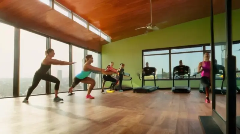 Gimnasio iluminado con atletas en acción