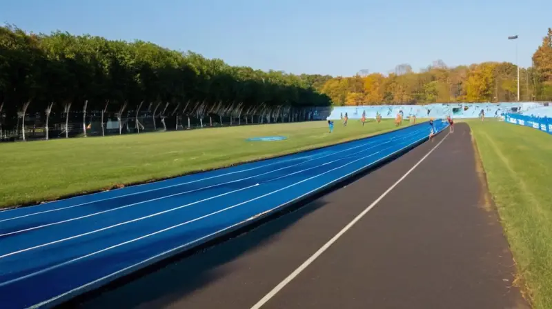Atletas corren en pista iluminada y vibrante
