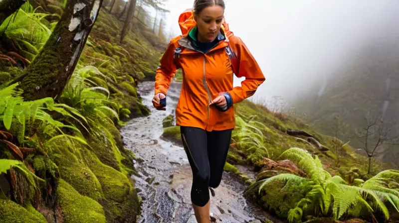 Corredor en sendero montañoso y lluvioso