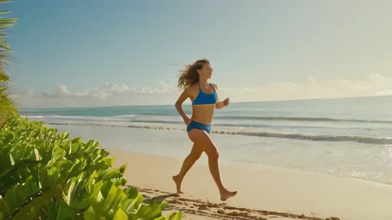 Playa soleada con un corredor y palmeras