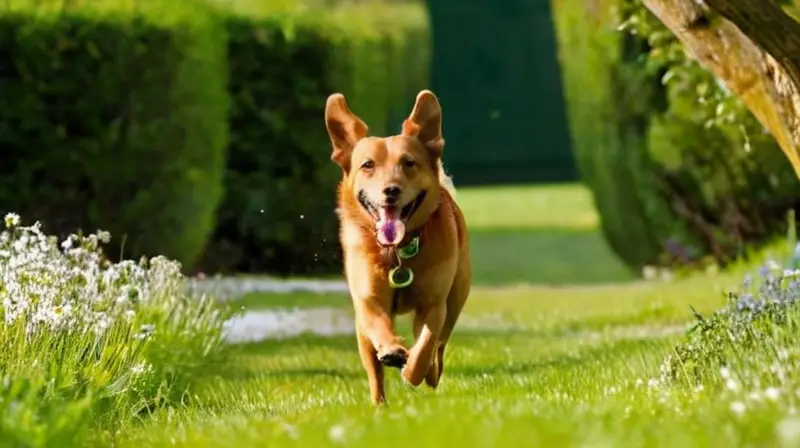 Perro juega en un parque soleado