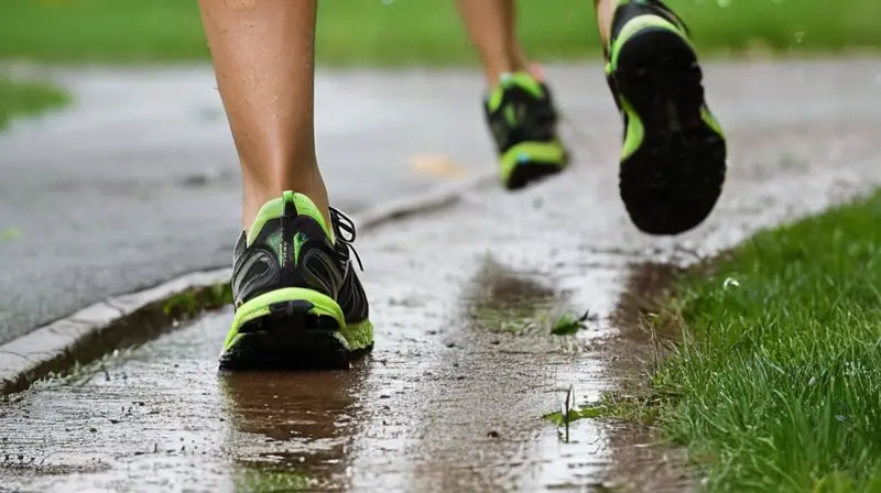 Corredor estirándose en un pavimento mojado