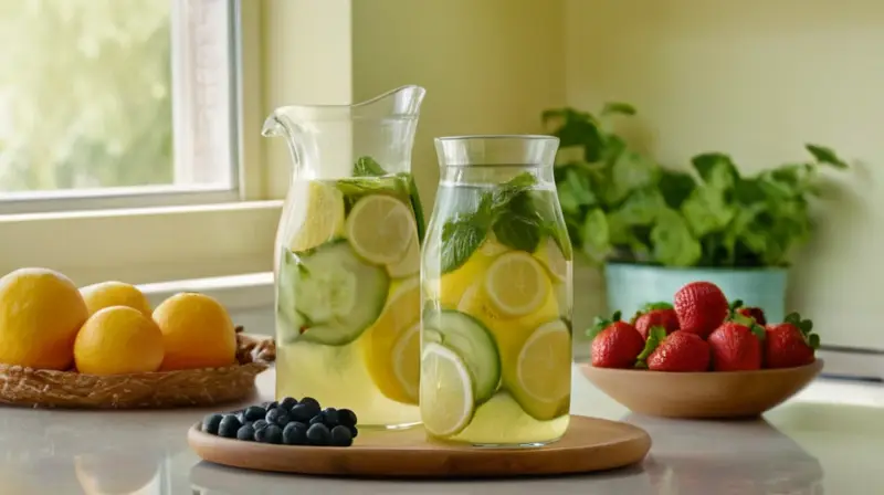 Cocina luminosa y fresca con frutas y agua