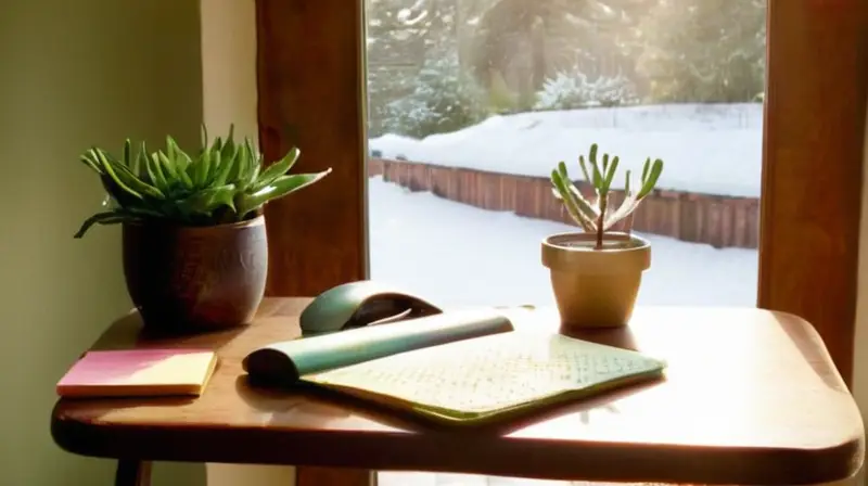 Espacio acogedor con luz y nieve afuera
