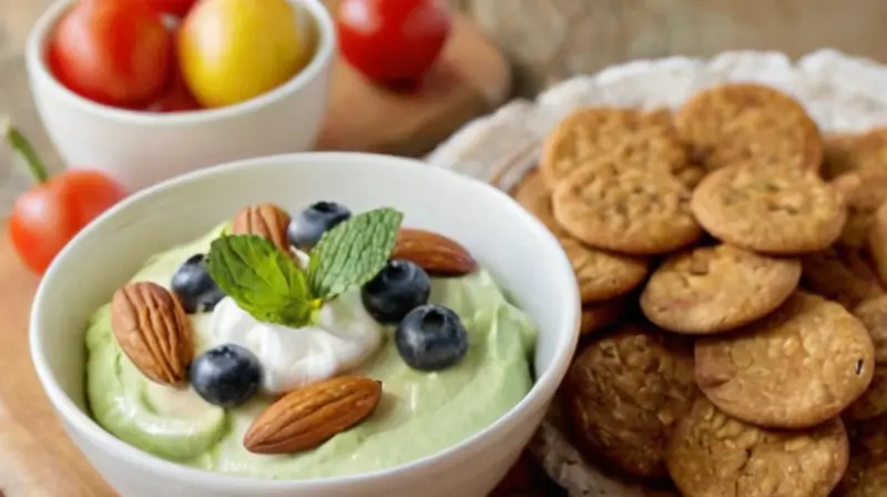 Mesa de madera con snacks vibrantes y saludables