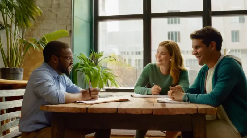 Grupo diverso discute en ambiente colaborativo