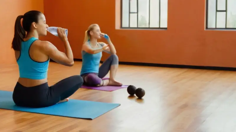 Gimnasio iluminado con personas y frutas frescas