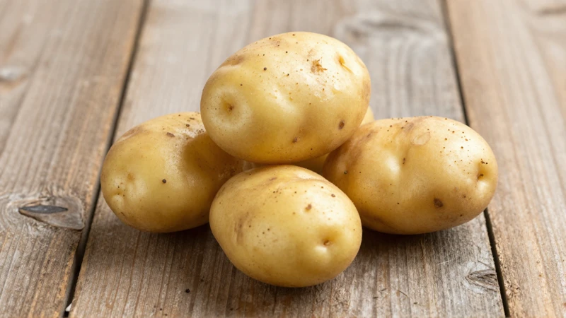 Patatas doradas, madera cálida, luz natural