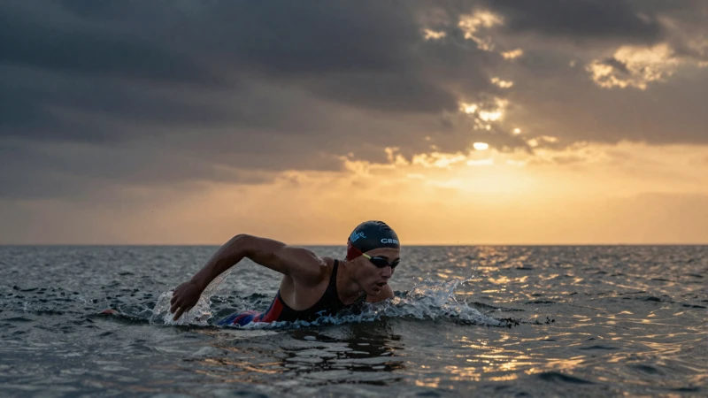 Triatleta nada al atardecer cinematográfico